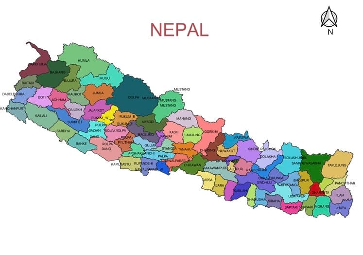 Map of Nepal showing districts